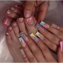 48 Pcs Flowers Press on Nails Long Square & Short Press on Toenails Set - French Tip Fake Nails Tips Spring 3D Floral Glue on Nails Full Cover Pink Acrylic Nail Kit False Toe Nails Nails Decoration