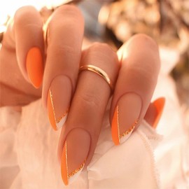 Almond Press on Nails Medium Length Fake Nails Orange Glossy Acrylic French Tip Nail Press on Full Cover False Nails with Gold Lines Designs Reusable Artificial Nail for Women Girls 24Pcs