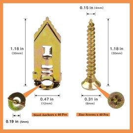 80 PCS Self Drilling Drywall Anchors with Screws Kit, Zinc Plated Steel Hollow Wall Anchors and Screws Heavy Duty, No Drill or Holes in Wall (40 PCS Steel Anchors 0.47X1.18inch and 40 PCS zinc Screw)