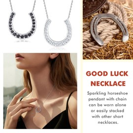 DAYBYDAY Sterling Silver Horseshoe Necklace Lucky Necklace Black Moissanite Horse Shoe Necklace for Women