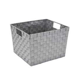 Simplify Large Metallicx Striped Woven Storage Bin in Grey/Silver