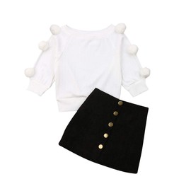 sdghg Toddler Kids Baby Girl Skirt Outfits Solid Color Knit Pompom Sweater Tops Mini Skirt Set Fall Winter Clothes (White, 2-3 Years)