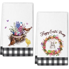 JOOCAR Easter Towels of Textile Dish Towels Set of 2, 16x27 Inch Chick Bunny Farmhouse Easter Kitchen Decor Drying Dishcloth, Colorful Floarl Butterfly Eggs Happy Spring Decoration Hand Towels