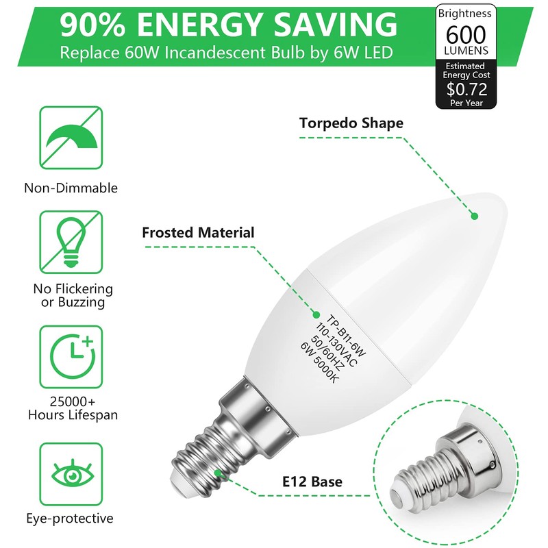 MAXvolador 12-Pack E12 Candelabra LED Bulbs 60W Equivalent, 6W 600