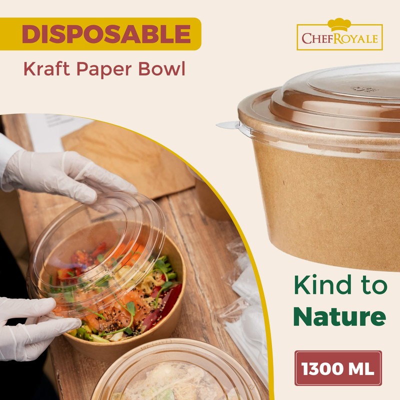 CHEF ROYALE 20x 1300ml Kraft Salad Paper Bowls with Lids