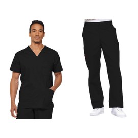 Dickies Scrub Set For Men With V-Neck 5 Pocket Top 81906 with Button Closure Elastic Waistband Pant 81006, Black-L Top/M Pant