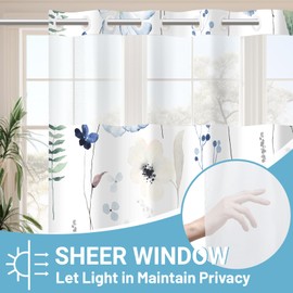 WITHLOC No Hook Shower Curtain with Snap in Liner - Floral Shower Curtain - Fabric Waterproof Inner Liner, Plants Watercolor Navy Blue Modern Cloth Shower Curtains - Machine Washable, 71 x 74