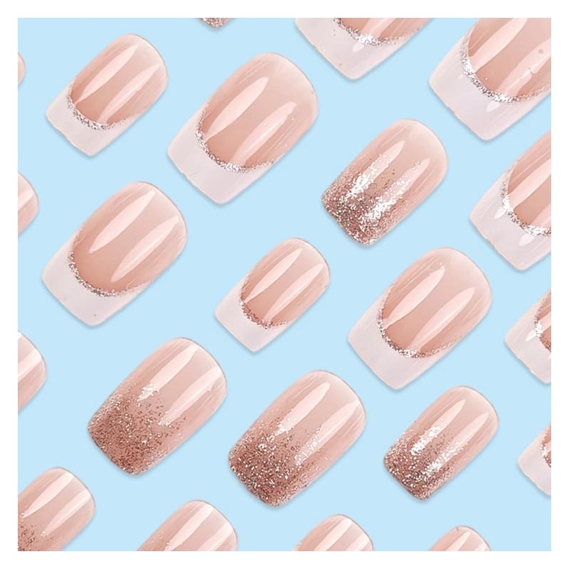 French Tips Press on Nails Short Square Silver Fake Nails