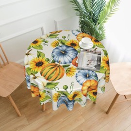 aportt Fall Tablecloth Round 60 Inch Watercolor Pumpkin Sunflowers Table Cloth Washable Spillproof Wrinkle Resistant Fabric Table Cover for Indoor Outdoor Kitchen Dinning