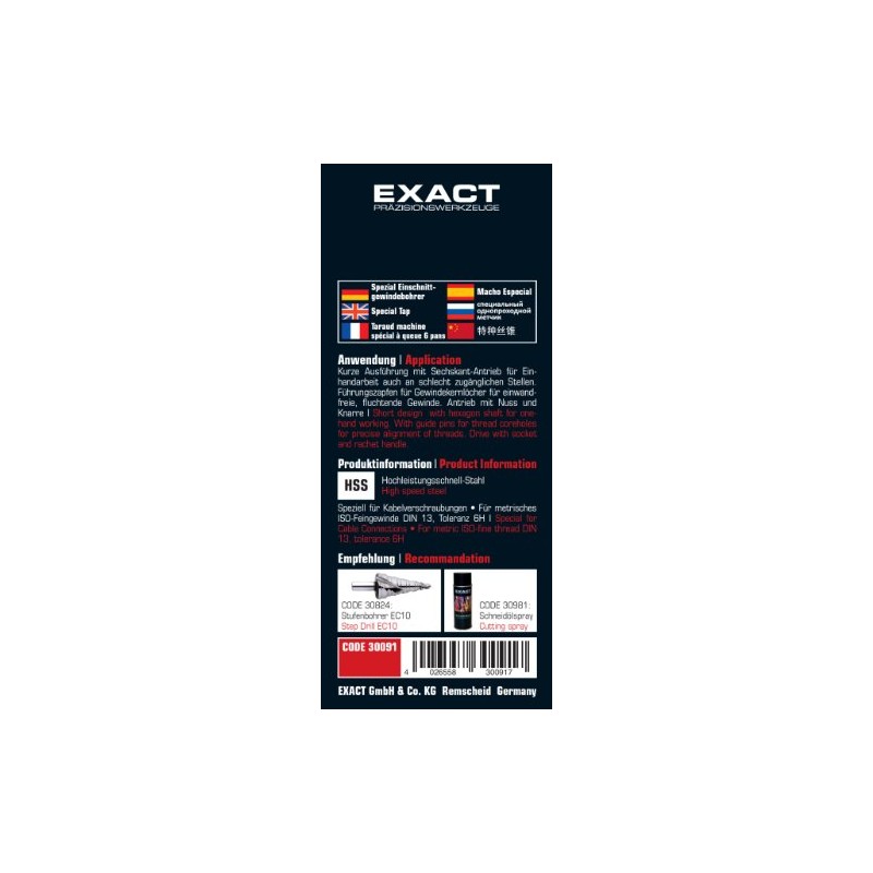 Exact 05971 Spezial-Einschnittgewindebohrer für KabelverschraubungenHochleistungsschnell-Stahl Mf 12 x 1.5