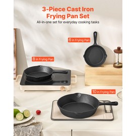 VEVOR Cast Iron Skillet, 3-Piece Frying Pan Set (6, 8, 10 in), Heavy-Duty Skillets with Heat-Resistant Handle, Pre-Seasoned Chef's Pan, Kitchen Cookware, for Oven, Gas, Electrical, Induction, Black