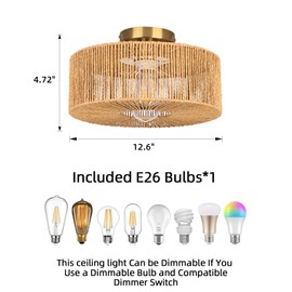 Fenluster 12.6'' Farmhouse Woven Rattan Ceiling Light Flush Mount,Boho Light Fixture,Rustic Gold Semi Flush Mount Ceiling Light Fixture for Hallway Bedroom,Kitchen,Nursery,Dining Room,Entraway