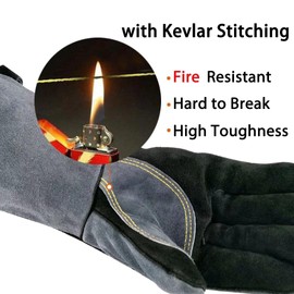 WZQH 16 Inches,932℉,Leather Welding Gloves XXL, Fire & Heat Resistant, Glove for BBQ, Oven, Grill, Fireplace, Tig,Mig, Baking, Furnace, Stove, Pot Holder, Animal Handling, Forge. 2XL Mitts, Black-gray