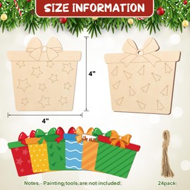 COCHIE Wooden Christmas Ornaments to Paint for Kids Adults Set of 24, Xmas Unfinished Wood Crafts for Painting, DIY Paintable Christmas Cutouts Slices for Craft with Ropes (Gift Boxes)