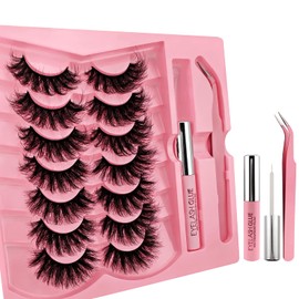 7 Pairs of 3D False Eyelashes, Cat Eye with Glue and Tweezer Kit, Fluffy Volume Curly Cat-Eye Artificial Eyelashes, Natural Look, Reusable Faux Mink Makeup Eyelashes Set (1-5 Kit)