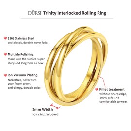 DURSI Trinity Interlocked Rolling Triple Ring for Women Girls Kids, Stainless Steel Cross Stacking Puzzle Ring for Fidget Anxiety, Minimalist Promise Engagement Wedding Ring (18k Gold, Size 5)