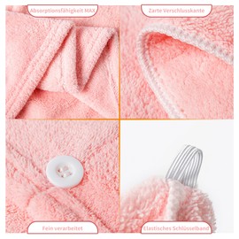 Huotflame Microfibre Hair Turban Set of 2 - Super Absorbent & Quick-Drying Women's Towel Turban for Hair - Coral Fleece Head Towel with Button in Pink & Grey - 25 x 65 cm Microfibre Towel