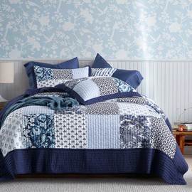 ENASAL Cotton Bedspread Quilt Sets Reversible Bedding Coverlet Sets Luxury Blue White Floral Real Patchwork Bedspread, Queen Size