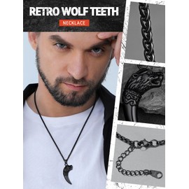 FaithHeart Wolf Necklace for Men, Punk Biker Wolf Head Tooth Amulet Pendant Necklace, Animals Protectoion Jewelry Gift for Dad Husband Brothers