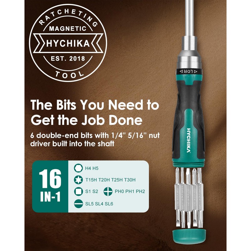 HYCHIKA Ratcheting Screwdriver 16-in-1, Magnetic Ratchet Screwdriver Set, Screw Driver