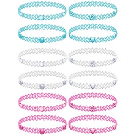 BodyJ4You 12PC Tattoo Choker Necklace for Women - 90s Choker Necklaces Y2K Fashion Trendy Vintage - Aqua Blue White Neon Pink Heart Flower CZ Charms - Stretchy Elastic Chokers Neck Lace