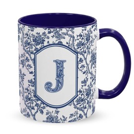 Initial Mug for Women, Personalized Coffee Mug with Letter J, Blue Toile Ceramic Coffee Cup, Monogram Tea Mug, Custom Style Birthday Gift for Friend Coworker Her