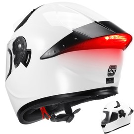 RSYSO Dual Visor Full Face Motorcycle Helmet with LED Tail Light DOT Approved Motorbike Racing Street Bike Helmets for Adult White, XL