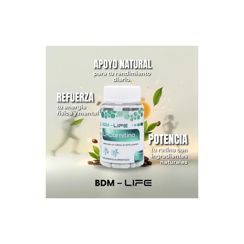 BDM-LIFE L-Carnitina con Cafeína, Té Verde y Guaraná, Energía y