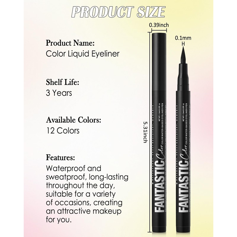 Matte Liquid Eyeliner Pen, Waterproof, Colourful Eyeliner Pen Lasts 24
