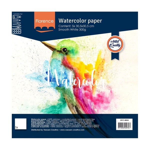 Vaessen Creative 2911-8004 Florence Watercolour Paper, 12 x 12 inch, White, 300 g/m² Smooth Paper, 5 Sheets for Watercolour Painting, Hand Lettering and Brush Lettering, Piece