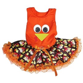 Petitebelle Cute Turkey Face Puppy Dog Dress (Orange/Brown Turkeys Lace, XXX-Large)