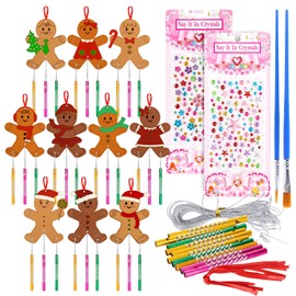 Whaline 10 Packs Christmas Wind Chime Kit Unfinished Gingerbread Man DIY Coloring Wooden Crafts Xmas Make You Own Hanging Ornaments with Painting Brush for Home Party Decoration