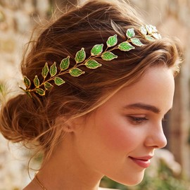 Wedding Headband Gold Leaf Bridal Headpieces for Bridesmaid and Flowergirls (15.7 Inches) (Gold) (Green)