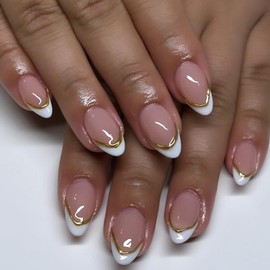 White French Tip Press on Nails Short Fake Nails with Chrome Gold Line Designs French Nails Press ons Nail Tips Stick on Nails Almond Shape Acrylic False Nails Finger Manicure for Women Daily Wear