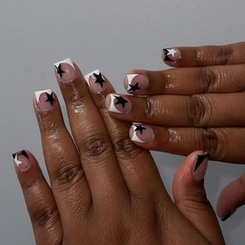 White French Tip Press on Nails Short Square Fake Nails with Designs Star False Nails Floral Glossy Full Cover Acrylic Nails Glue on Nails Artificial Cute Stick on Nails for Women Manicure 24Pcs