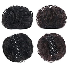 2 Pcs Large Claw Clip in Hair Bun Messy Hair Bun Hair Pieces Curly Wavy Fake Hair Claw Clips Ponytail Extensions for Women and Girls (Natural Black and Dark Brown)