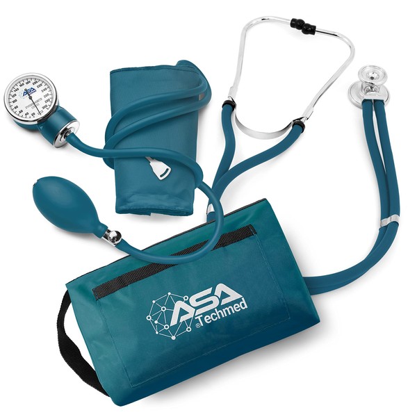 ASA TECHMED Dual Head Sprague Stethoscope and Sphygmomanometer Manual Blood Pressure Cuff Set with Case, Gift for Medical Students, Doctors, Nurses, EMT and Paramedics, Teal