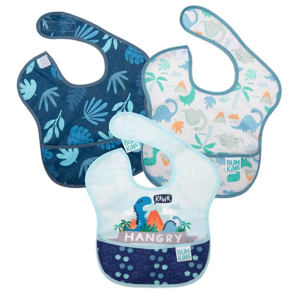 Bumkins Bibs for Girl or Boy, SuperBib Baby and Toddler for 6-24 Months, Essential Must Have for Eating, Feeding, Baby Led Weaning Supplies, Mess Saving, 3-pk Hangry, Dinosaurs, and Blue Tropic