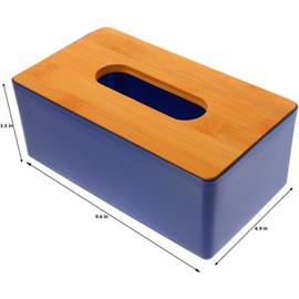 Tissue Box with Bamboo Cover,Plastic Tissue Organizer,Bathroom Tissue Dispenser for Home,Bedroom,Office,Living Room,9.6 × 4.9 × 3.5 in (Navy Blue)