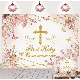 First Holy Communion Backdrop Boho Floral God Bless Baptism Backdrop Mi Bantizo Photography Background for Girls Newborn Christening Party Decorations Banner (8x6FT（240x180cm）)