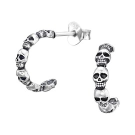 925 Sterling Silver Skull Lined Half Hoop Earrings, Sold as a Pair