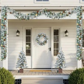 Pre-Lit 4 Piece Holiday Christmas Set Warm White LED Lights Set of 2 Entrance Trees with Wreath and Garlanddefault: default title