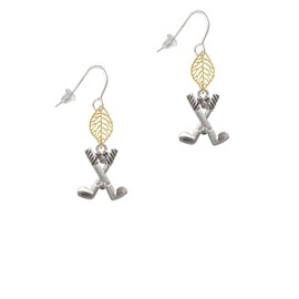 Delight Jewelry Silvertone Golf Clubs with Golf Ball Goldtone Leaf French Earrings