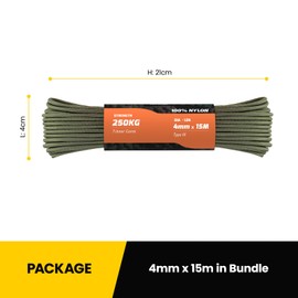 Kamu Synber 550 Paracord 4mm 15m Type III 7 Strands 100% Nylon Rope Parachute Cord Ideal for Crafting, DIY, Camping, Survival, Outdoor | Support 250kg | Army Green