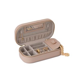 Crafted Living Beige Elegant Oval Jewelry Travel Case | Zip-Closure Jewelry Box with Mirror, Slots for Pendants, Bracelets, Rings & Earrings, Complimentary Dust Bag