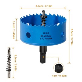 HYCHIKA Hole Saw 80 mm, Bi-Metal Hole Cutter Made of High-Speed Steel HSS for Metal, Aluminium, Plastic, Stainless Steel, Plastic, Wood, Plaster and much more, with Separable Drill and Allen Key