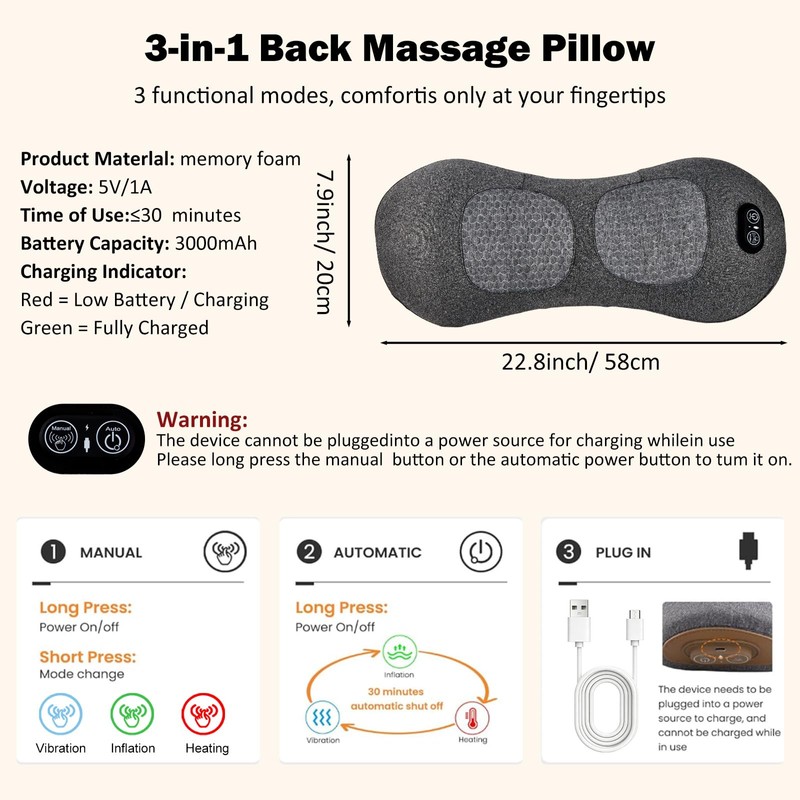 3-in-1 Smooth Spine Triple Fusion Back Massager with Heat