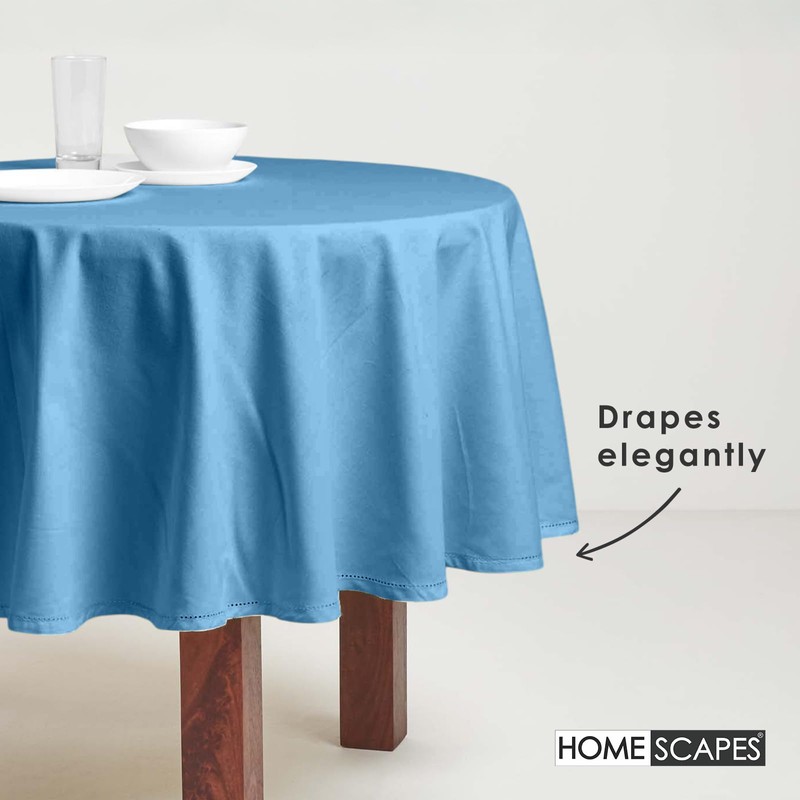 HOMESCAPES Blue Table Cloth, Plain Cotton Round Tablecloth, Handcrafted &