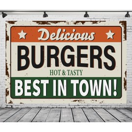 CORFOTO 5x3ft Fabric Grunge Burger Strore Sign Backdrop for Photography Delicious Burgers Best in Town Restaurant Background Road Fast Food Sign Party Supplies Photoshoot Booth Studio Props