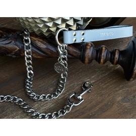Bek&Co Chain Dog Leash Silver  Metal With Gray Genuine Leather Handle  5ft By Bek&Co